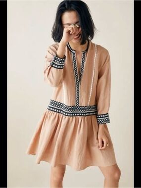 Zara Tan Dress Boho Size Large Linen Blend Vneck Tunic Embroidered Sophia Bush